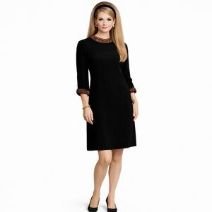 Ranelle Black Shift Dress with Embellished Collar & Cuffs | Vintage | Sz 10 |EUC